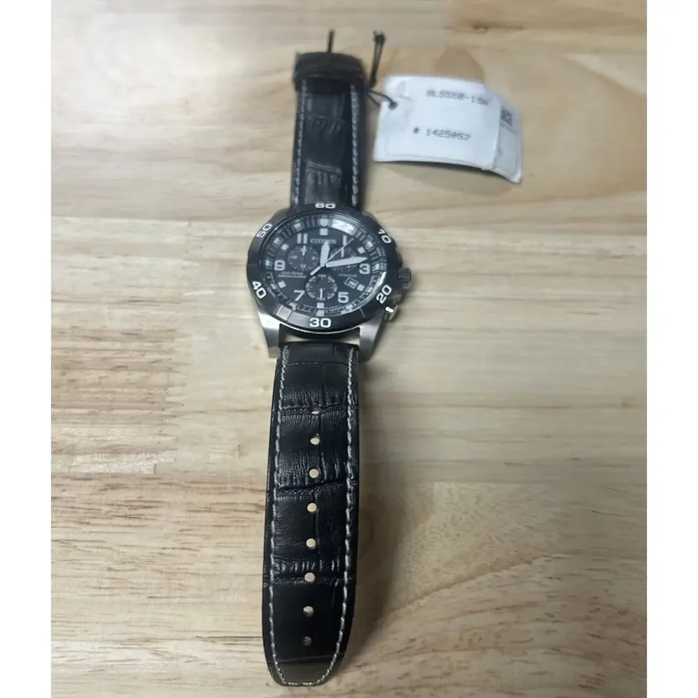 Citizen Eco-Drive Mens Chronograph Tachymeter Date Black Dial Leather Box
